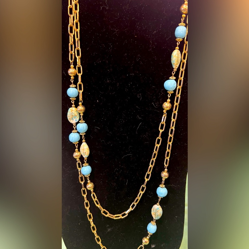 Long Vintage Blue Glass Bead Necklace with Gold Tone Chain